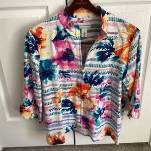 Alfred Dunner Multicolor Floral Full ZIP Jacket 3/4 Sleeve Size Medium